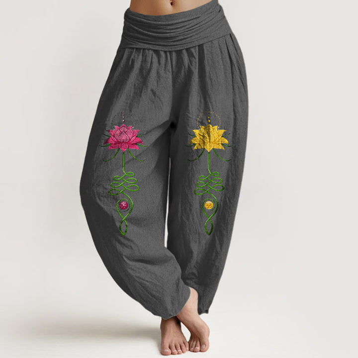 Pantalones Buddha Stones de algodón puro con estampado de flor de loto y contraste de colores intensos para mujer, con cintura elástica - Gris oscuro - US16，UK/AU20，EU48 (3XL) - image 8