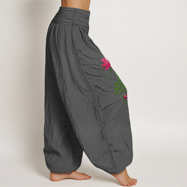 Pantalones Buddha Stones de algodón puro con estampado de flor de loto y contraste de colores intensos para mujer, con cintura elástica - image 10