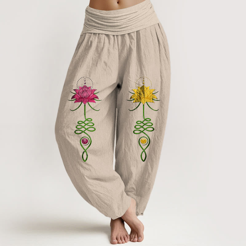 Pantalones Buddha Stones de algodón puro con estampado de flor de loto y contraste de colores intensos para mujer, con cintura elástica - Broncearse - US16，UK/AU20，EU48 (3XL) - image 11