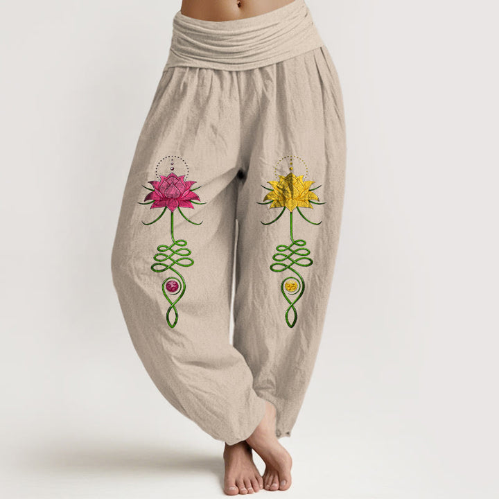 Pantalones Buddha Stones de algodón puro con estampado de flor de loto y contraste de colores intensos para mujer, con cintura elástica - Broncearse - US16，UK/AU20，EU48 (3XL) - image 11