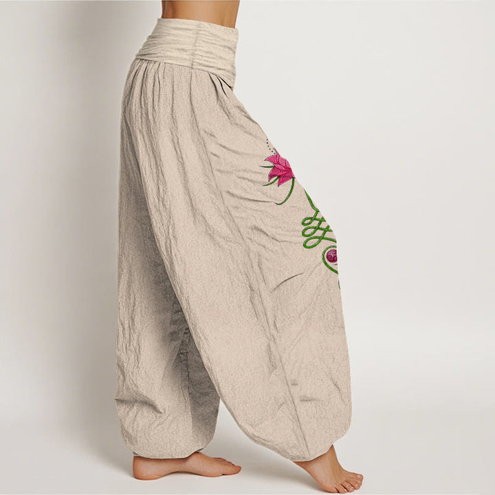 Pantalones Buddha Stones de algodón puro con estampado de flor de loto y contraste de colores intensos para mujer, con cintura elástica - image 13