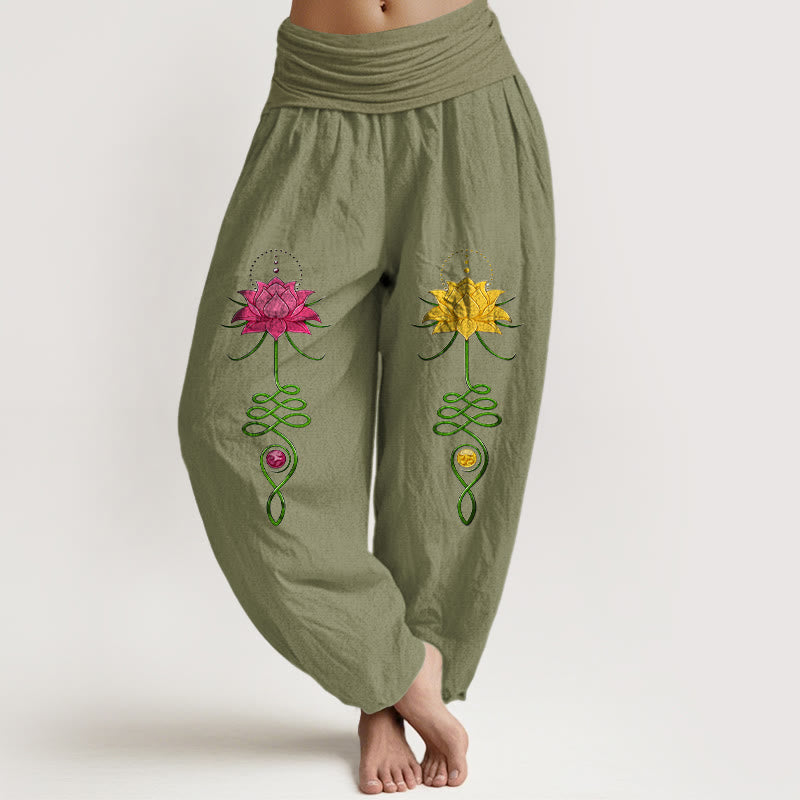 Pantalones Buddha Stones de algodón puro con estampado de flor de loto y contraste de colores intensos para mujer, con cintura elástica - Verde oliva - US16，UK/AU20，EU48 (3XL) - image 14
