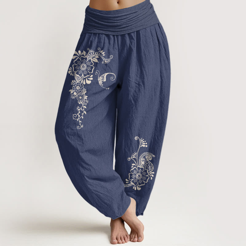 Pantalones Buddha Stones de algodón puro con estampado de flores, mariposas y enredaderas, sencillos y elegantes, con cintura elástica, para mujer - Azul pizarra oscuro - US16，UK/AU20，EU48 (3XL) - image 0
