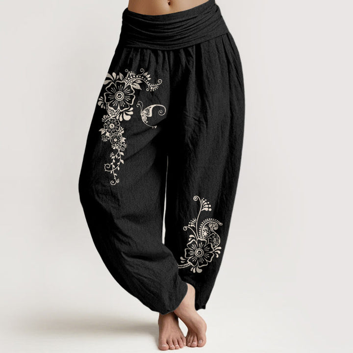 Pantalones Buddha Stones de algodón puro con estampado de flores, mariposas y enredaderas, sencillos y elegantes, con cintura elástica, para mujer - Negro - US16，UK/AU20，EU48 (3XL) - image 5