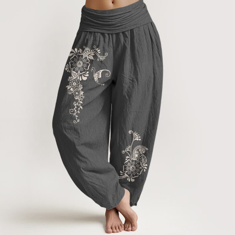 Pantalones Buddha Stones de algodón puro con estampado de flores, mariposas y enredaderas, sencillos y elegantes, con cintura elástica, para mujer - Gris oscuro - US16，UK/AU20，EU48 (3XL) - image 8
