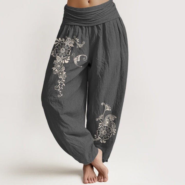 Pantalones Buddha Stones de algodón puro con estampado de flores, mariposas y enredaderas, sencillos y elegantes, con cintura elástica, para mujer - Gris oscuro - US16，UK/AU20，EU48 (3XL) - image 8