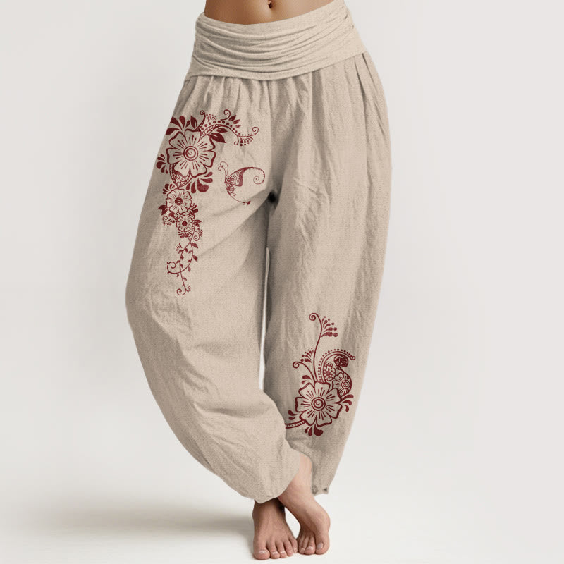 Pantalones Buddha Stones de algodón puro con estampado de flores, mariposas y enredaderas, sencillos y elegantes, con cintura elástica, para mujer - Broncearse - US16，UK/AU20，EU48 (3XL) - image 11