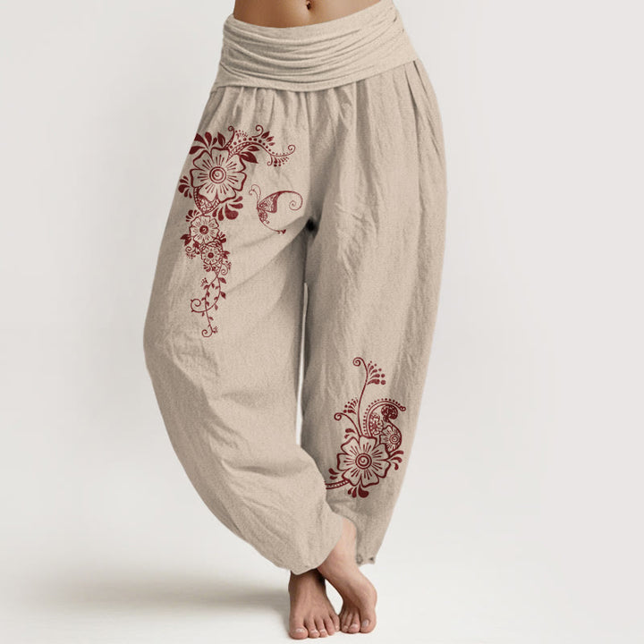 Pantalones Buddha Stones de algodón puro con estampado de flores, mariposas y enredaderas, sencillos y elegantes, con cintura elástica, para mujer - Broncearse - US16，UK/AU20，EU48 (3XL) - image 11
