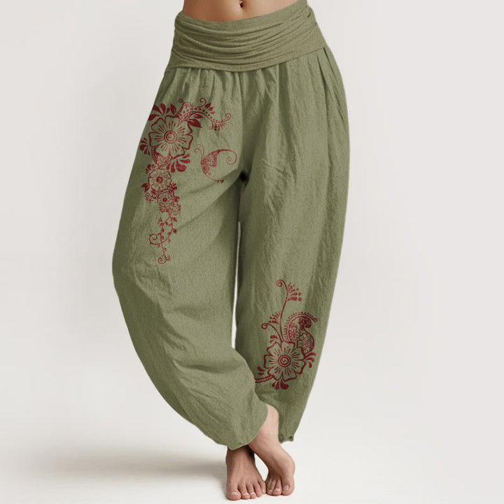 Pantalones Buddha Stones de algodón puro con estampado de flores, mariposas y enredaderas, sencillos y elegantes, con cintura elástica, para mujer - Verde oliva - US16，UK/AU20，EU48 (3XL) - image 14