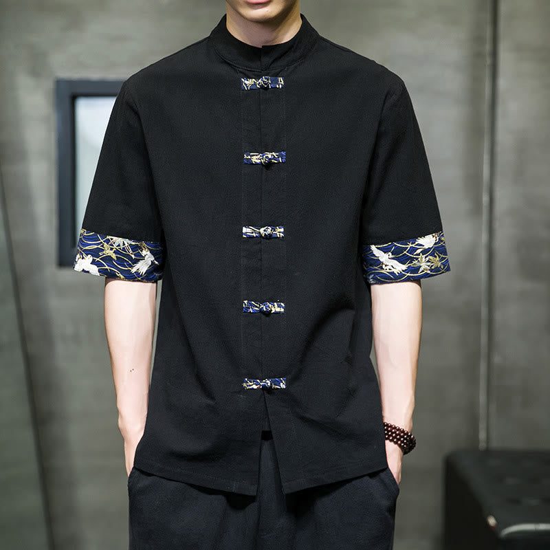 Camisa de algodón con cuello alto, manga corta y botones de rana en color liso para hombre, con diseño de grulla blanca y Buddha Stones - Negro - US/UK/AU46, EU56 (5XL) - image 0