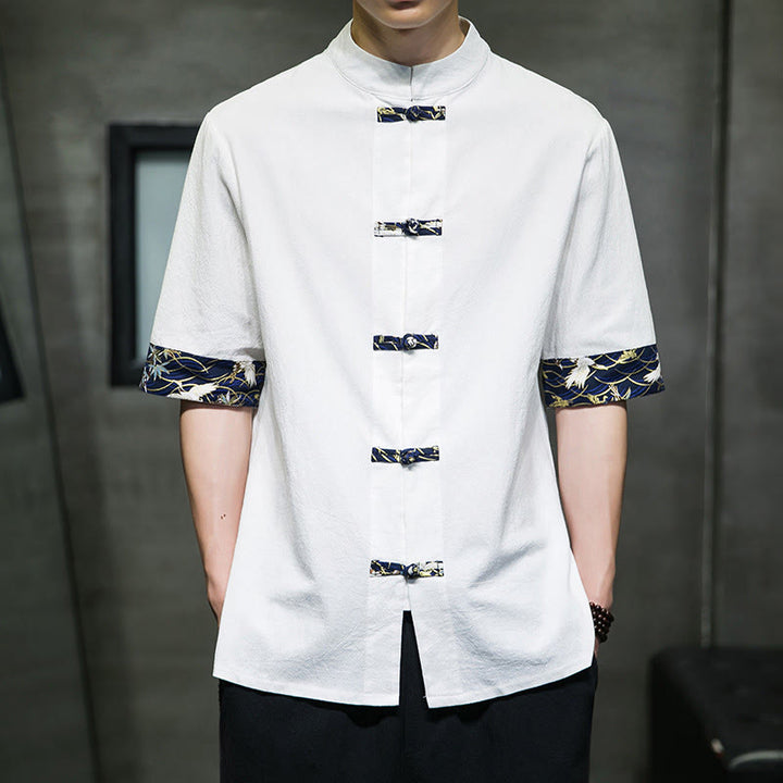 Camisa de algodón con cuello alto, manga corta y botones de rana en color liso para hombre, con diseño de grulla blanca y Buddha Stones - Blanco - US/UK/AU46, EU56 (5XL) - image 9