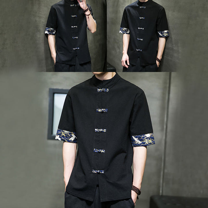 Camisa de algodón con cuello alto, manga corta y botones de rana en color liso para hombre, con diseño de grulla blanca y Buddha Stones - image 8