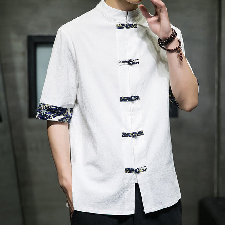 Camisa de algodón con cuello alto, manga corta y botones de rana en color liso para hombre, con diseño de grulla blanca y Buddha Stones - image 10