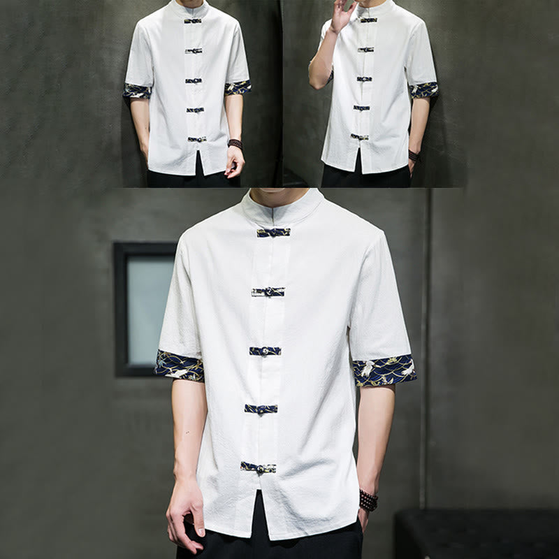 Camisa de algodón con cuello alto, manga corta y botones de rana en color liso para hombre, con diseño de grulla blanca y Buddha Stones - image 15