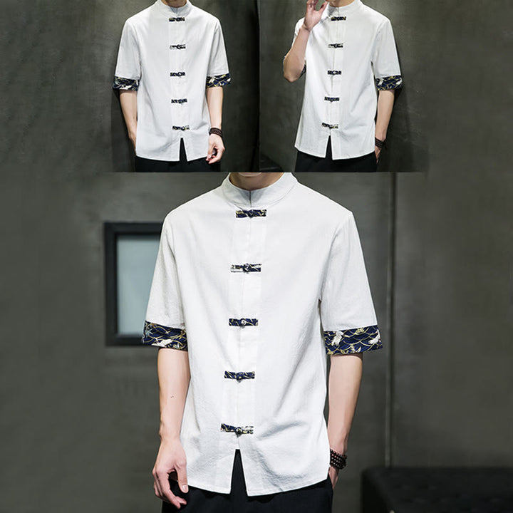 Camisa de algodón con cuello alto, manga corta y botones de rana en color liso para hombre, con diseño de grulla blanca y Buddha Stones - image 15