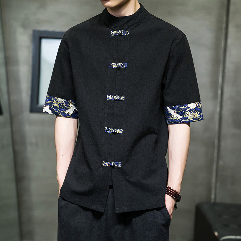 Camisa de algodón con cuello alto, manga corta y botones de rana en color liso para hombre, con diseño de grulla blanca y Buddha Stones - image 5