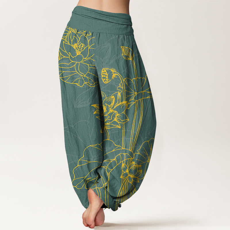 Pantalones Buddha Stones de algodón puro con diseño de flor de loto y capullo para mujer, cintura elástica - image 1
