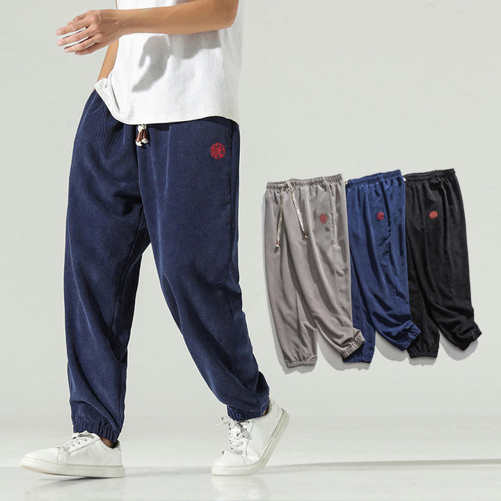 Pantalones harén para hombre con diseño bordado de pana lisa y bolsillos, con Buddha Stones en otoño - image 6