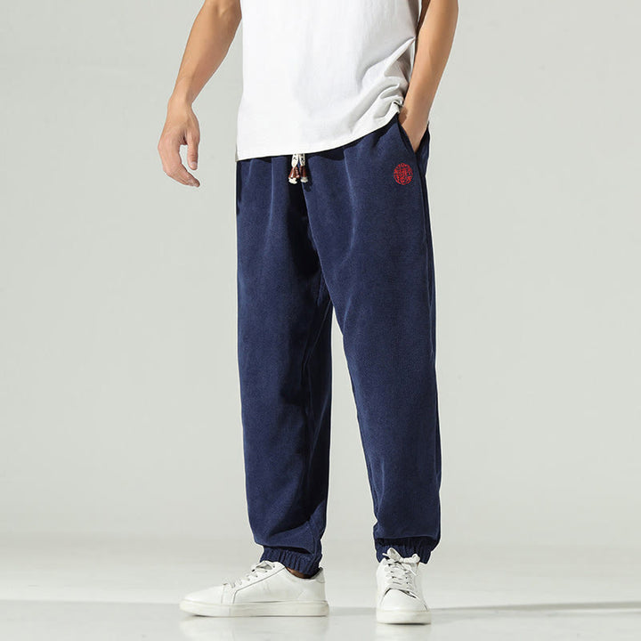 Pantalones harén para hombre con diseño bordado de pana lisa y bolsillos, con Buddha Stones en otoño - image 4