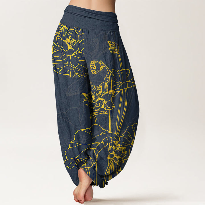 Pantalones Buddha Stones de algodón puro con diseño de flor de loto y capullo para mujer, cintura elástica - image 6