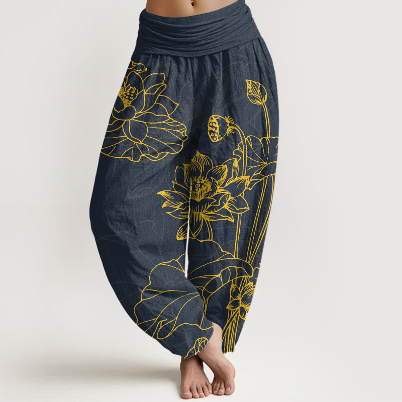 Pantalones Buddha Stones de algodón puro con diseño de flor de loto y capullo para mujer, cintura elástica - Azul pizarra oscuro - US16，UK/AU20，EU48 (3XL) - image 5