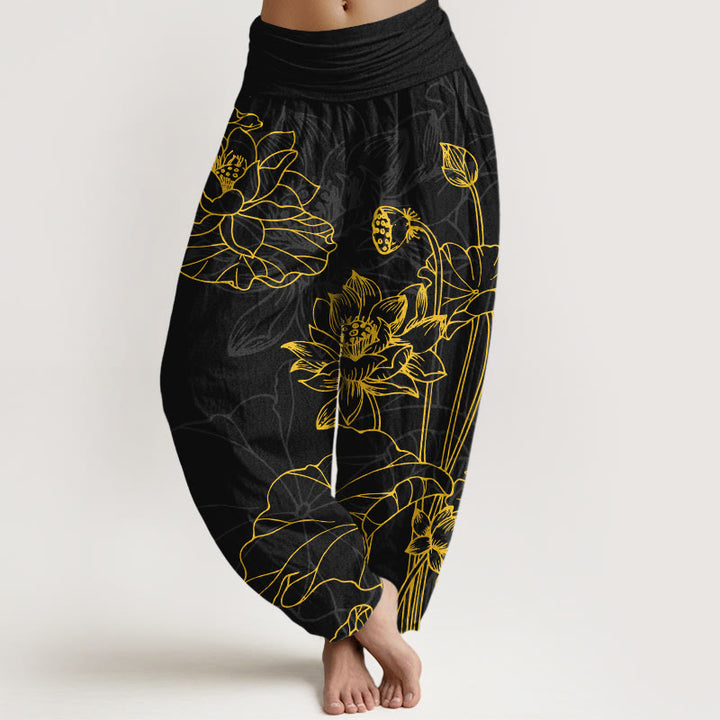 Pantalones Buddha Stones de algodón puro con diseño de flor de loto y capullo para mujer, cintura elástica - Negro - US16，UK/AU20，EU48 (3XL) - image 8