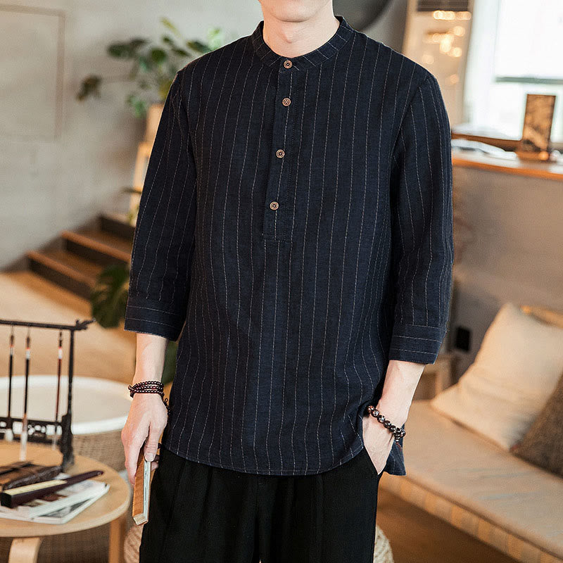 Camisa de lino para hombre con cuello alto, manga tres cuartos y botones a cuadros con Buddha Stones - Azul acero - US/UK/AU50, UE60 (5XL) - image 0