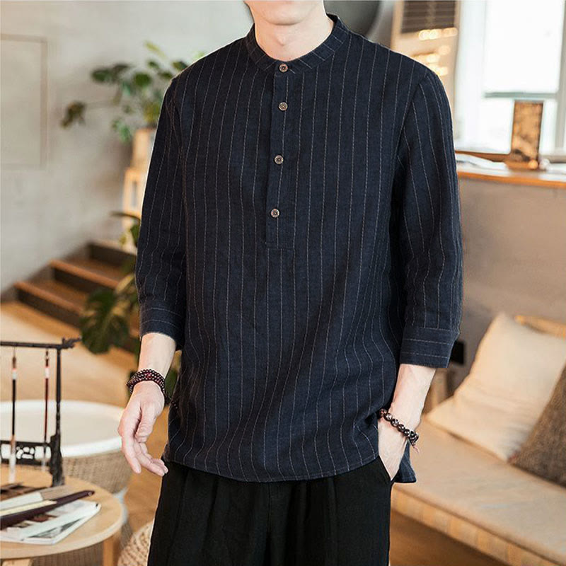 Camisa de algodón para hombre con cuello alto, manga tres cuartos y botones a cuadros Buddha Stones - image 1