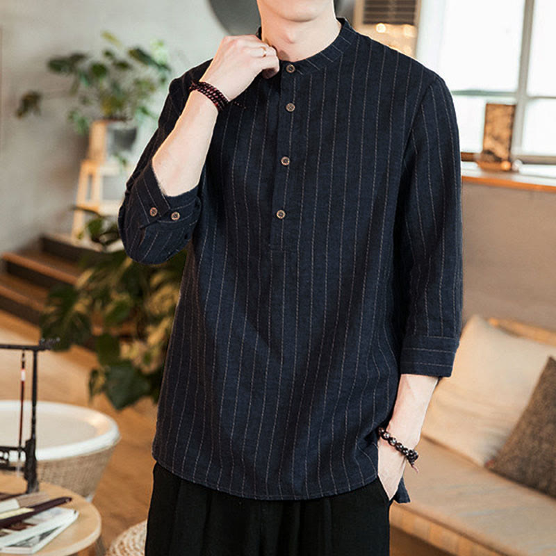 Camisa de algodón para hombre con cuello alto, manga tres cuartos y botones a cuadros Buddha Stones - image 2