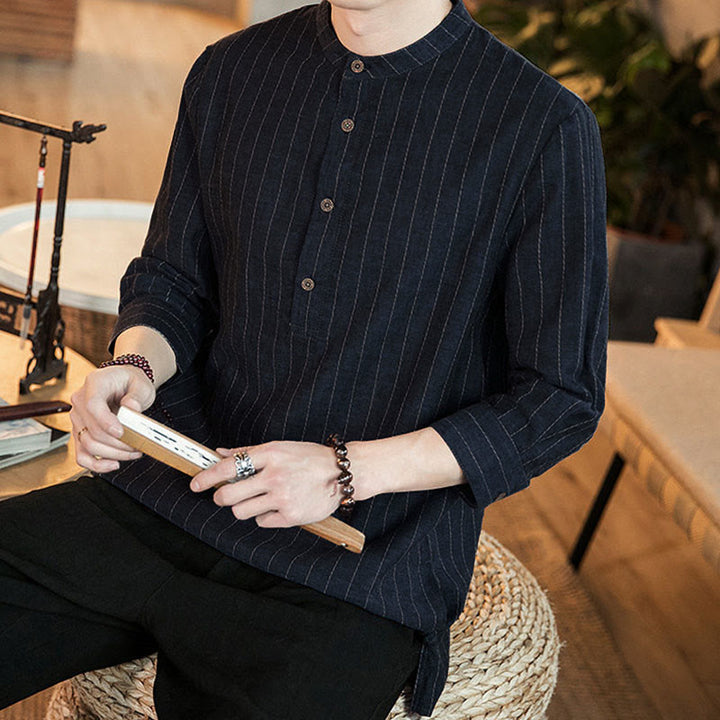 Camisa de algodón para hombre con cuello alto, manga tres cuartos y botones a cuadros Buddha Stones - image 7