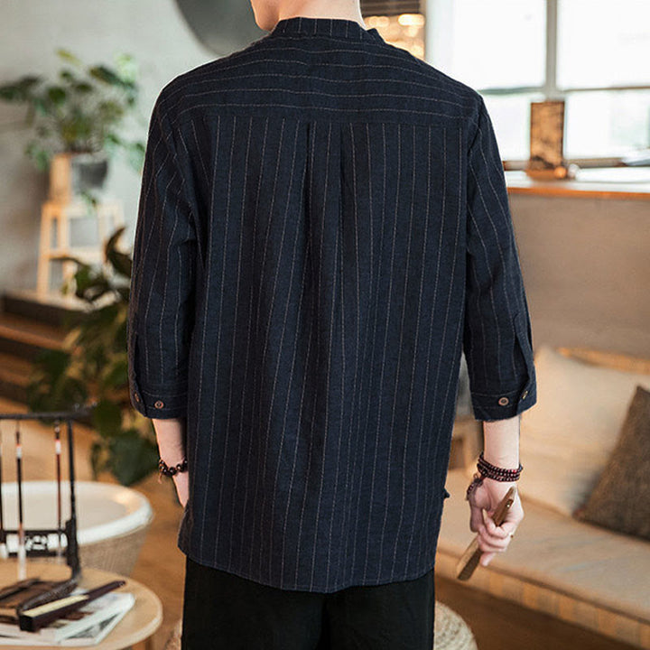 Camisa de algodón para hombre con cuello alto, manga tres cuartos y botones a cuadros Buddha Stones - image 3