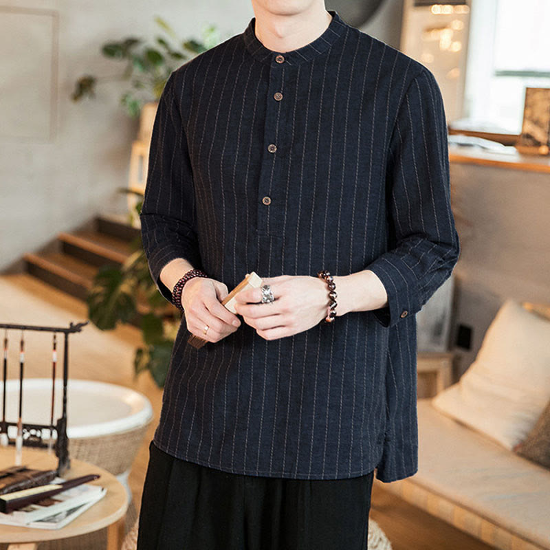 Camisa de algodón para hombre con cuello alto, manga tres cuartos y botones a cuadros Buddha Stones - image 4