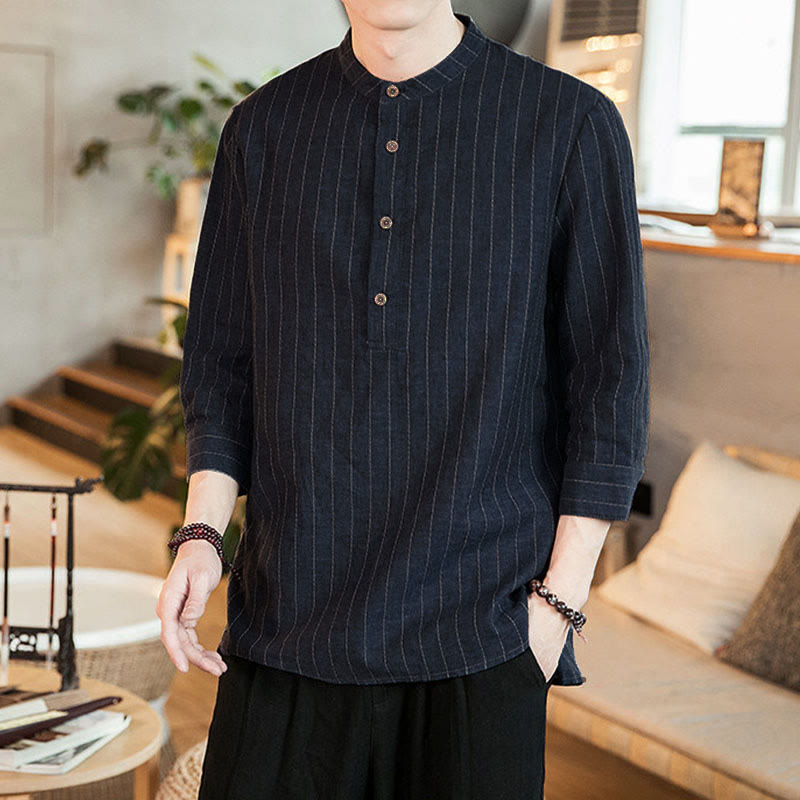 Camisa de algodón para hombre con cuello alto, manga tres cuartos y botones a cuadros Buddha Stones - image 6