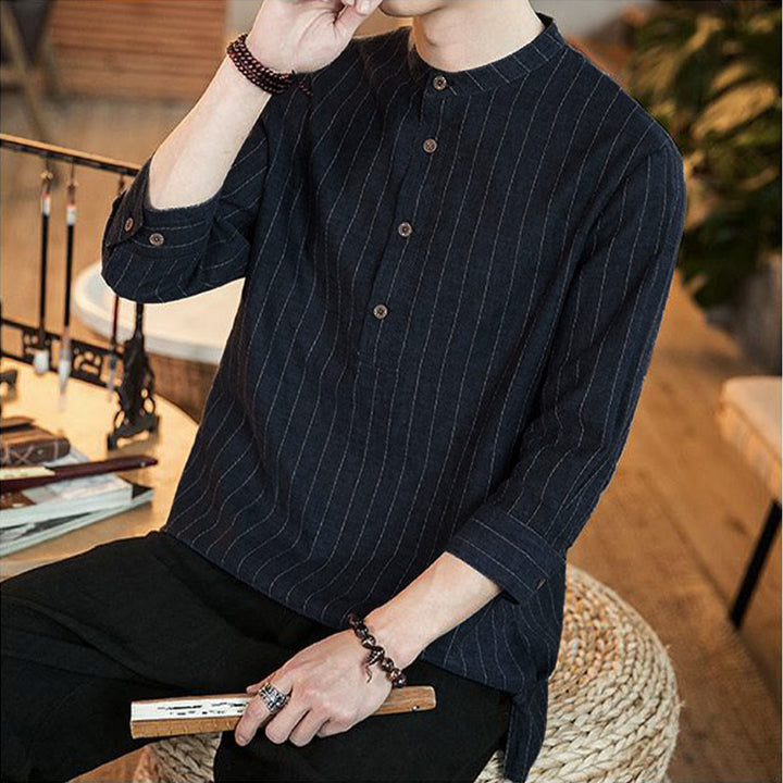 Camisa de algodón para hombre con cuello alto, manga tres cuartos y botones a cuadros Buddha Stones - image 8