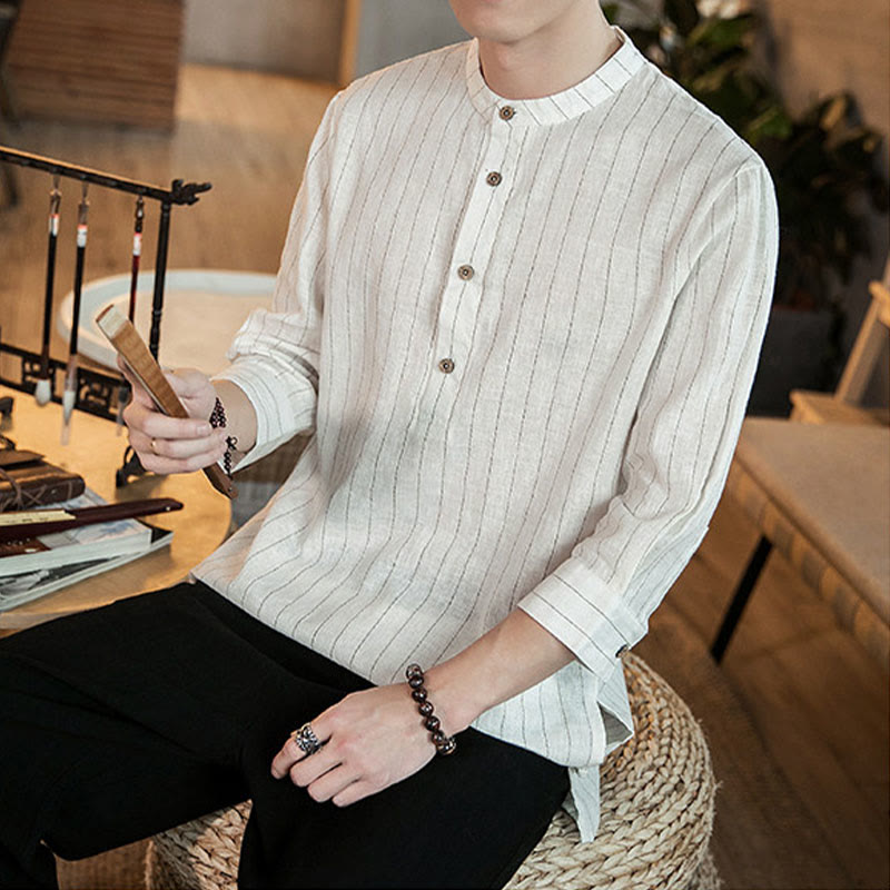 Camisa de algodón para hombre con cuello alto, manga tres cuartos y botones a cuadros Buddha Stones - image 16