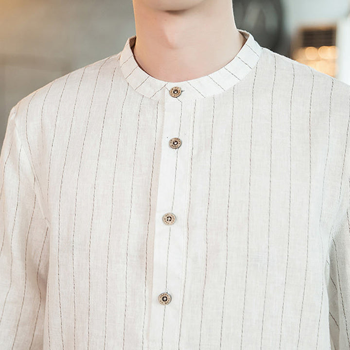 Camisa de algodón para hombre con cuello alto, manga tres cuartos y botones a cuadros Buddha Stones - image 18