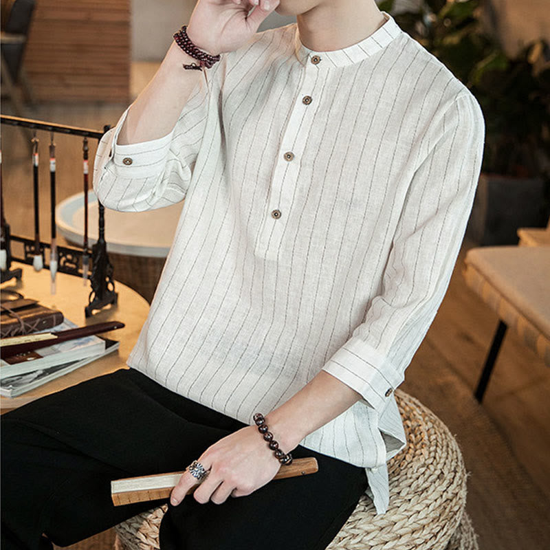 Camisa de algodón para hombre con cuello alto, manga tres cuartos y botones a cuadros Buddha Stones - image 17