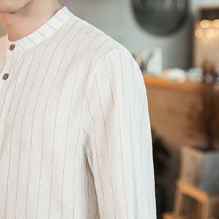 Camisa de algodón para hombre con cuello alto, manga tres cuartos y botones a cuadros Buddha Stones - image 19