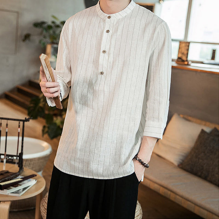 Camisa de algodón para hombre con cuello alto, manga tres cuartos y botones a cuadros Buddha Stones - image 15