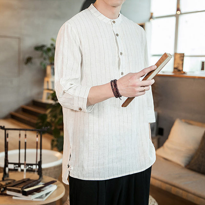 Camisa de algodón para hombre con cuello alto, manga tres cuartos y botones a cuadros Buddha Stones - image 13