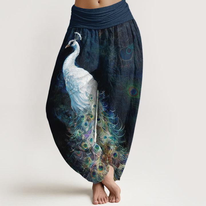 Pantalones harén de algodón puro con estampado de pavo real de Buddha Stones para mujer, cintura elástica - Azul medianoche - US16，UK/AU20，EU48 (3XL) - image 0