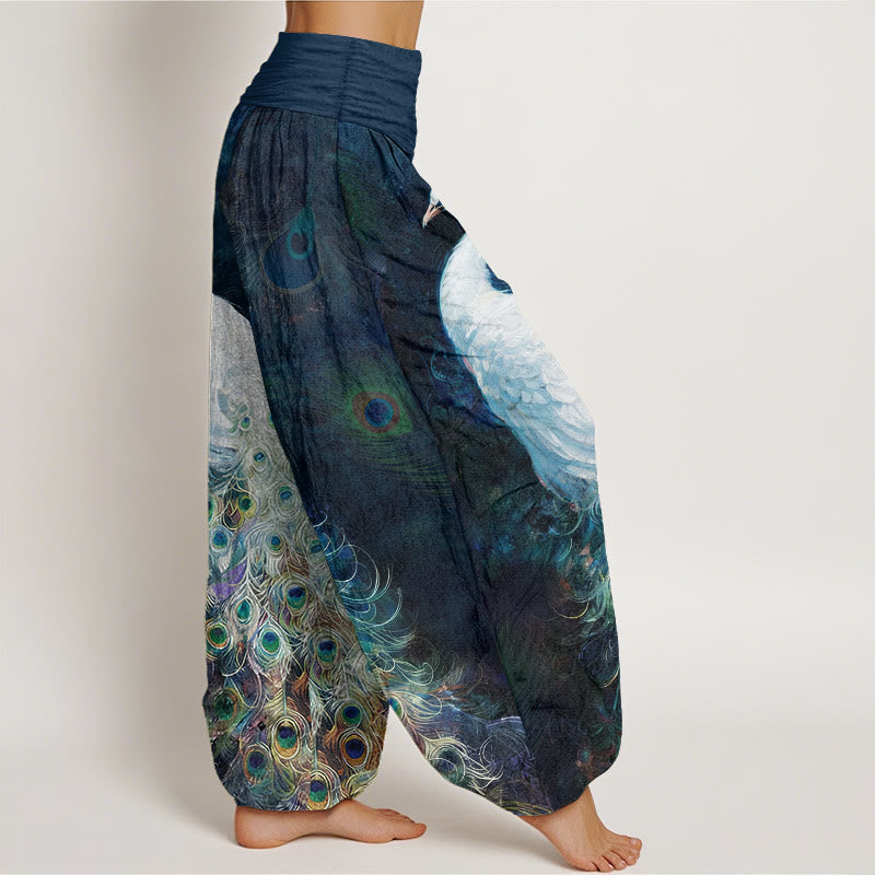 Pantalones harén de algodón puro con estampado de pavo real de Buddha Stones para mujer, cintura elástica - image 2
