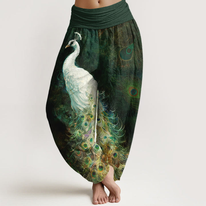 Pantalones harén de algodón puro con estampado de pavo real de Buddha Stones para mujer, cintura elástica - Verde oscuro - US16，UK/AU20，EU48 (3XL) - image 5