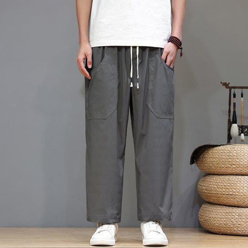 Pantalones de verano para hombre con Buddha Stones, color liso, con cordón, pierna recta, largo 7-8 y bolsillos - image 9