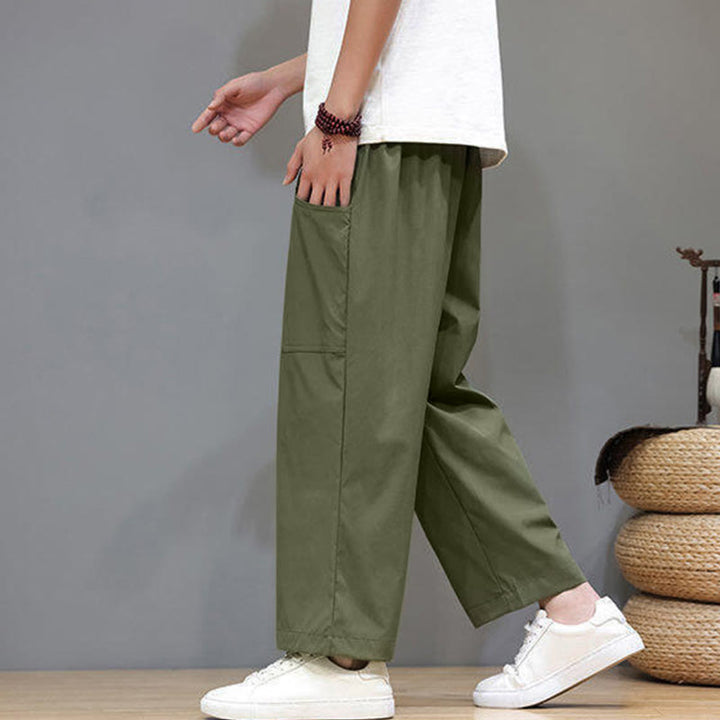 Pantalones de verano para hombre con Buddha Stones, color liso, con cordón, pierna recta, largo 7-8 y bolsillos - image 4