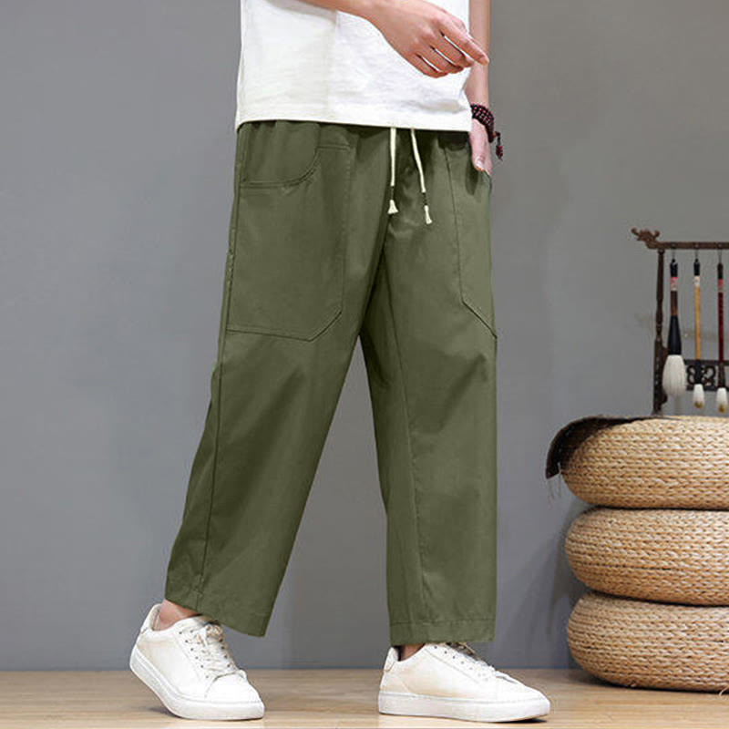 Pantalones de verano para hombre con Buddha Stones, color liso, con cordón, pierna recta, largo 7-8 y bolsillos - image 2