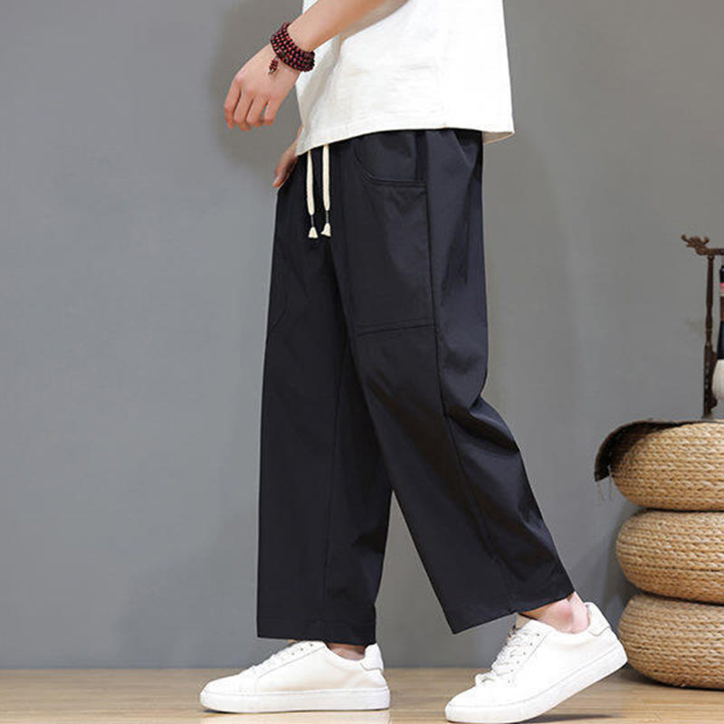 Pantalones de verano para hombre con Buddha Stones, color liso, con cordón, pierna recta, largo 7-8 y bolsillos - image 21