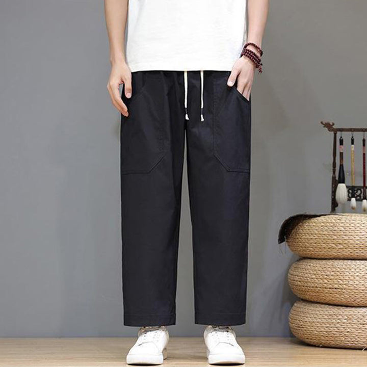 Pantalones de verano para hombre con Buddha Stones, color liso, con cordón, pierna recta, largo 7-8 y bolsillos - image 17
