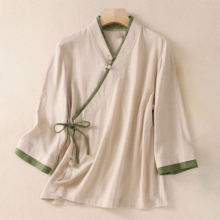 Camisa de lino y algodón con mangas tres cuartos para mujer, diseño retro con cordones y botones de rana , con Buddha Stones - PapayaWhip - US8-10，UK/AU12-14，EU40-42 (2XL) - image 1