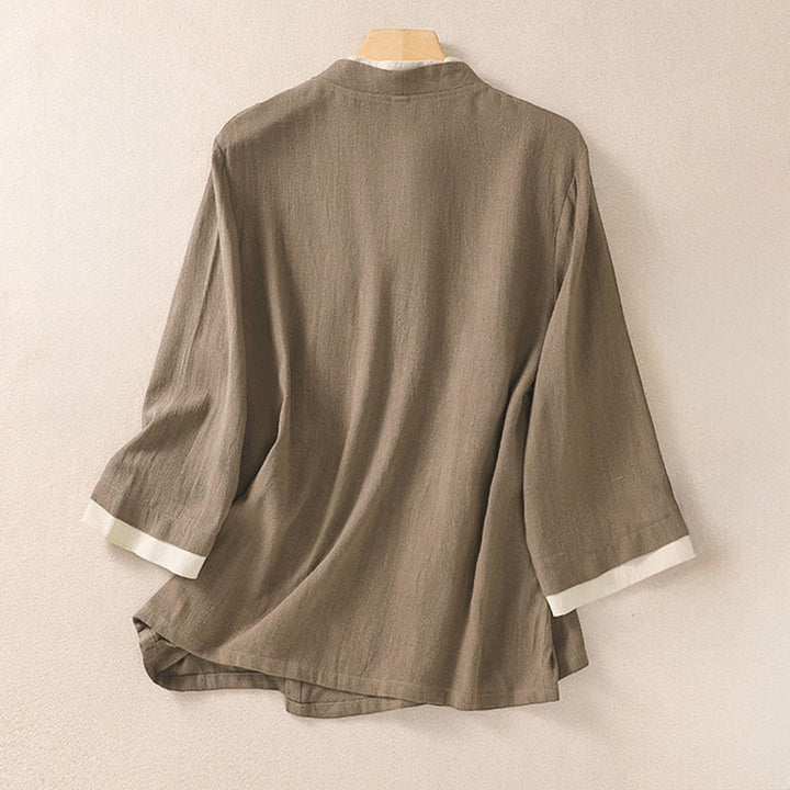 Camisa de lino y algodón con mangas tres cuartos para mujer, diseño retro con cordones y botones de rana , con Buddha Stones - image 15